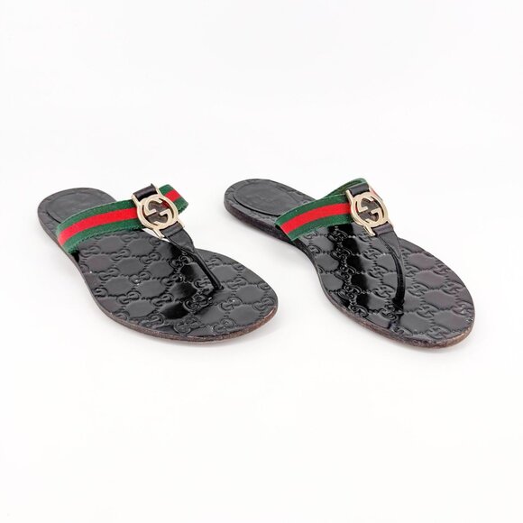 Gucci Interlocking GG Thong Sandal EU 37 US 7 Black Leather Flat Flip Flop Slide - Picture 1 of 12